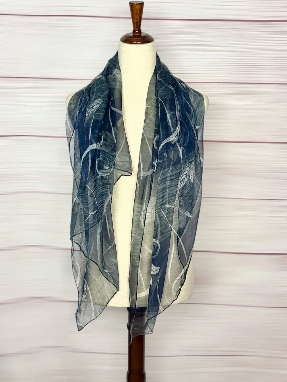 NWT HUALI Silk Chiffon Scarf Dark Blue Floral Sheer Lightweight Hand Rolled